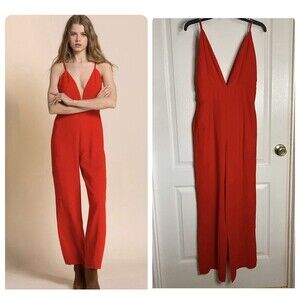Line & Dot Vaughn Orange Red Plunge Neckline Jumpsuit Women’s Size S